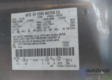 2008 Ford Ranger Xl/Xlt из США, поврежденный, VIN 1FTYR10D18PA75164